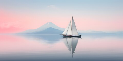 Minimalist sailing background of a sailboat reflecting on the still water. A lonely sailing boat floating in the ocean.