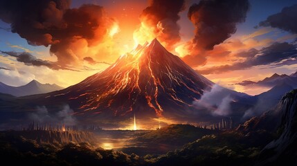 Sunset in the mountains. AI generated art illustration.
