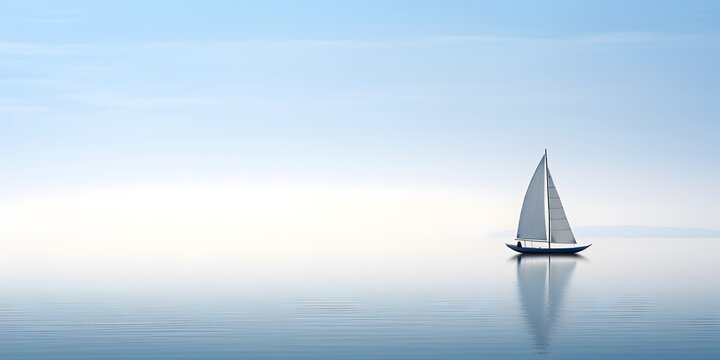 Sailboat in the sea on a background of blue sky. Minimalist sailing background. A lonely sailing boat floating in the ocean.
