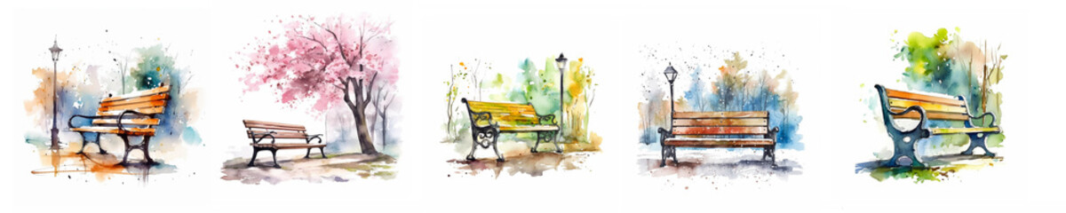 Watercolor illustration of bench in park in every season. Generative AI