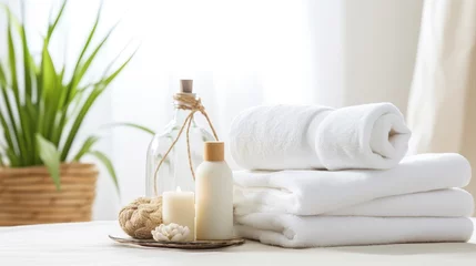 Papier Peint photo Salon de massage Towels with herbal bags and beauty treatment items setting in spa center in white room, Generative AI.