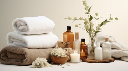 Obraz na płótnie Canvas Towels with herbal bags and beauty treatment items setting in spa center in white room, Generative AI
