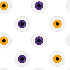 Eyeballs with an iris of orange and purple. Halloween scary seamless pattern with cartoon eyes