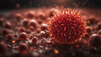 Lots of symbolic viruses in red cellular back. Ai generated.