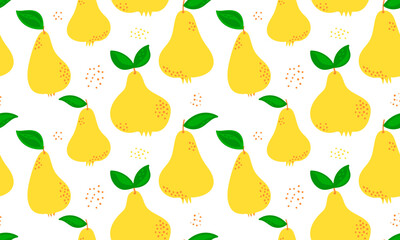 Yellow pear seamless pattern. Bright fruits design with hand drawn doodle dots for kitchen, fabric, textile, wallpaper, apparel, clothes, wrapping