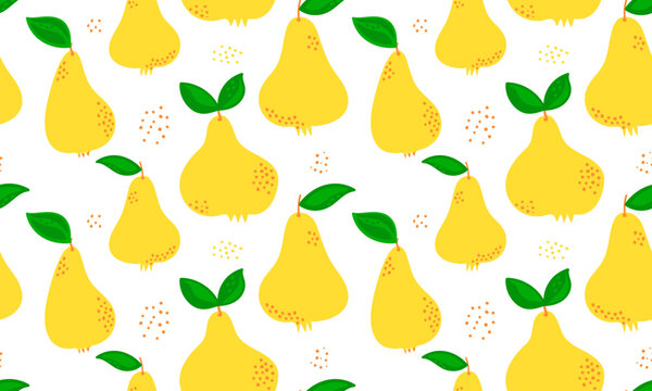 Yellow pear seamless pattern. Bright fruits design with hand drawn doodle dots for kitchen, fabric, textile, wallpaper, apparel, clothes, wrapping