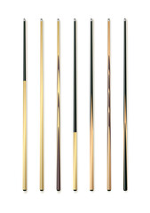 Cues for billiard, snooker realistic templates. Wooden sticks with various design for cuesports. Vector