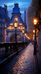 Evening romantic view of illuminated stone bridge