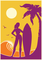 Summer tropical beach island. Vector summer landscape poster background with palms and surfer woman and surfboard. Love surfing card