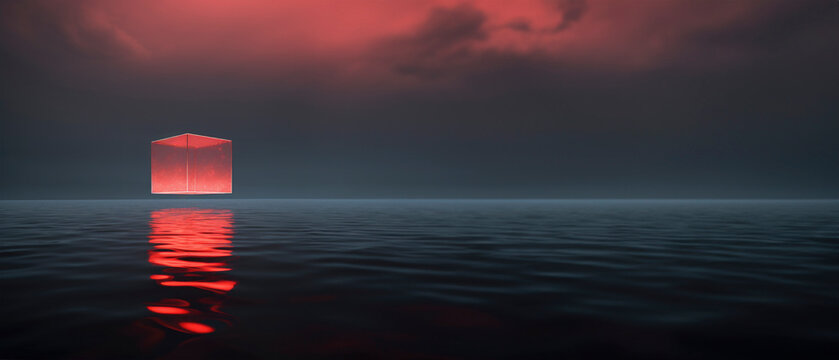 ominous red cub ufo over ocean, paranormal horror concept, banner size, copy space