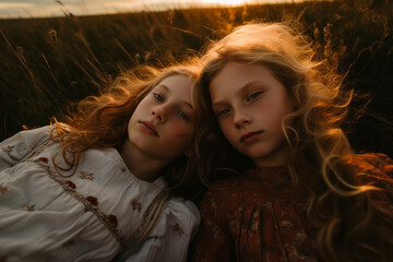 two beautiful twin girls doing style lying in a field at sunset, dark light photography