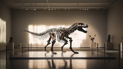Fototapeta na wymiar Photo Fossil skeleton of Dinosaur Cretaceous Tyrannosaurus Rex or t-rex in museum. Ai generated