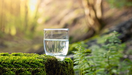 A glass of water on a moss covered stone. The forest background is blurred sunlight