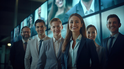 Fototapeta premium Group of Professional Office Workers Posing for a Photo in a Futuristic Office Space With Photos of Workers on Screen. Concept of Tech, Security, Services, Systems, and Pssi.