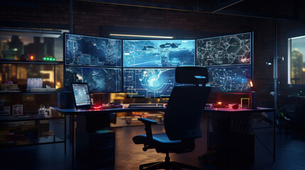 Futuristic Workspace of Hacker. Desk and Monitors With Swivel Chair. World Map of Trade. Technology. Concept of Tech, Techy, Future, and Computer, and Working.