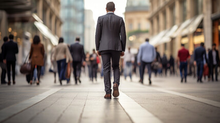 backside of senior business man walking in the street business district background.