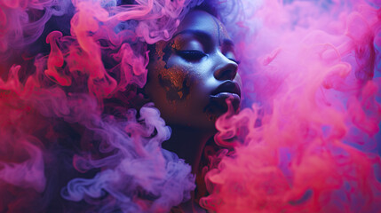 Mysterious Woman Engulfed in Neon Colors Smoke. Close up Face. Misty Pink Fog, Concept of Wonder, Elegance, and Beauty.