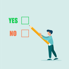 Compare a yes or no answer to a given question as a decision choice. business decision. The guy is holding a pencil. Flat vector illustration.
