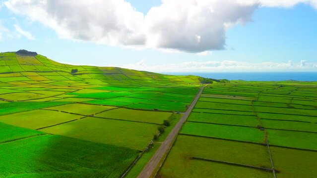 Paisagem de prados e campos de milho no interior da ilha Terceira nos A&ccedil;ores 