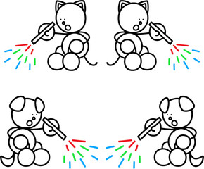 手持ち花火をするわんまるとにゃんまるの線画セット　犬　猫
