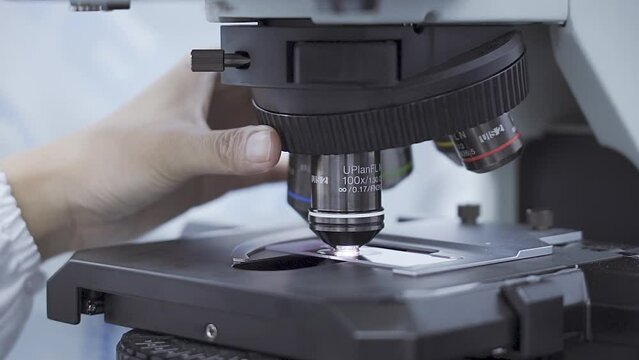 Scientist put microscope slide extra close up Laboratory