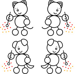 線香花火をするわんまるとにゃんまるの線画セット　犬　猫
