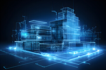 Abstract architectural 3D wireframe render of a modern building on blue background. Generative AI