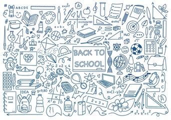 Background of school icons in doodle style. School education. Back to school doodle drawing.