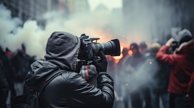 An image of a camera zooming in on a protest, representing the impact of documentaries in highlighting social issues and driving change. Generative AI