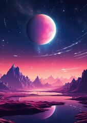 Fototapeta premium A planet in universe with other life , mountains and moon in pastel colors. Generative Ai.