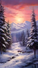 Rolgordijnen Oil painting of a snowy winter forest with mountains and pine trees hd phone wallpaper ai generated © Vectonessa