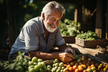 senior person holding a basket of vegetables, smiling retired mature elderly man