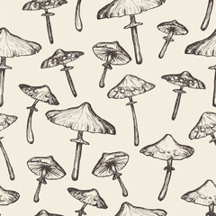 Seamless pattern with mushrooms. Background design for gift packaging or package. Hand drawn vector illustration of mushrooms on beige.