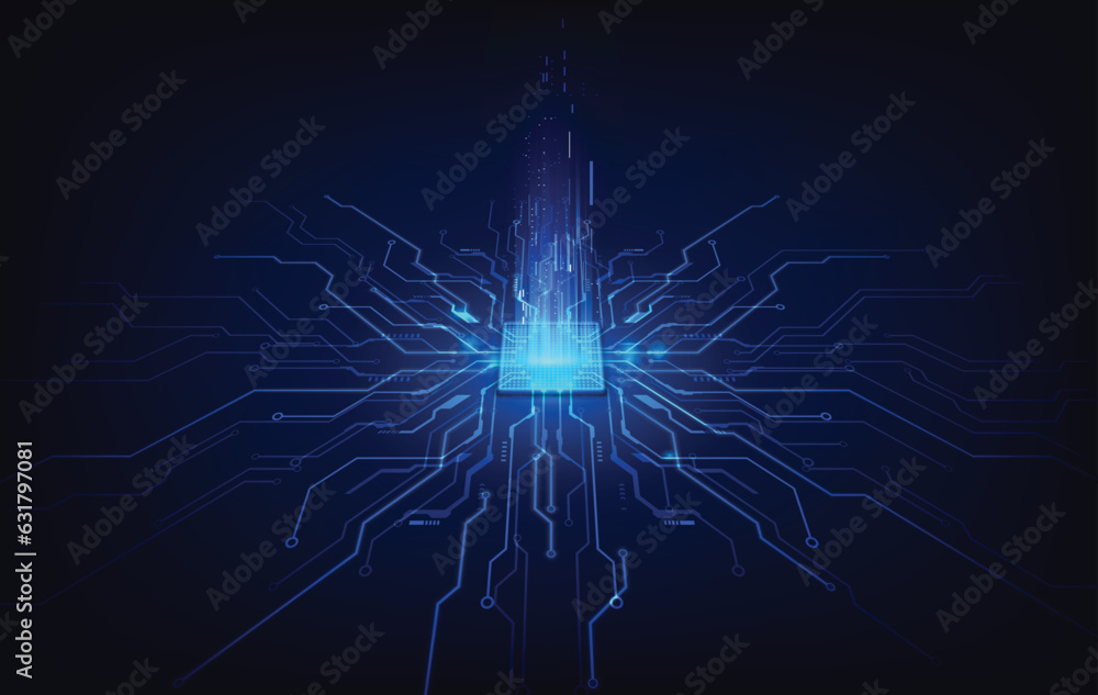 Poster abstract technology chip processor background circuit board and html code,3d illustration blue techn