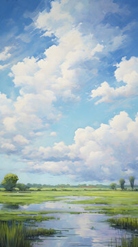 Oil color painting of a swamp wetland with cumulus clouds hd phone wallpaper ai generated