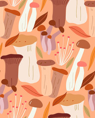 Vector illustration with mushrooms on a dark background. Vector autumn print.