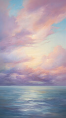 Fototapeta premium Oil color painting of wild wavy blue ocean with colorful pastel cloudscape hd phone wallpaper ai generated