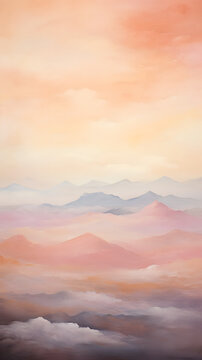 Oil color painting of pastel peach valley landscape cloudscape hd phone wallpaper ai generated