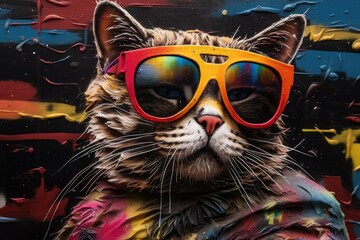 Digital artwork "Pop Art Cat with sunglasses" - colourful and unique.