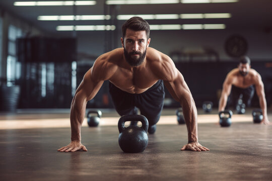 Unrecognizable fit man in gym doing push ups on kettlebells