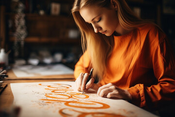 Unrecognizable girl trains in calligraphy and lettering, close-up