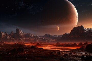 Obraz premium Landscape scenery in space on Mars with universe an other life background. Generative Ai.