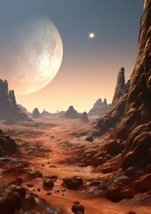 Landscape scenery in space on Mars with universe an other life  background. Generative Ai.