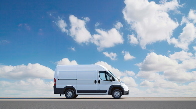 A white modern delivery van transported on a road blue sky background. Transport. Generative Ai