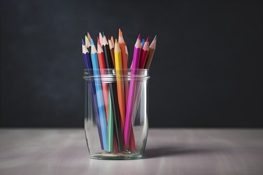 Glass of colored pencils on the table on dark background with copy space