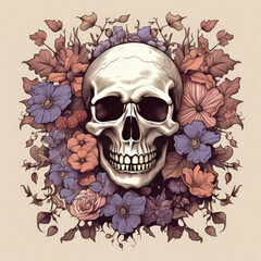 Illustration of Skull Surrounded by Blooming Flowers - Symbolizing the Cycle of Life and Death  Generative AI.