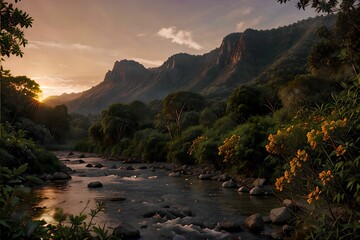 ULTRA Resolution - Stunning landscape with stunning sunset, reflecting water and green trees, clouds, mountains, wooden huts, flowers, sun rays