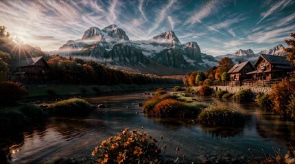 ULTRA Resolution - Stunning landscape with stunning sunset, reflecting water and green trees, clouds, mountains, wooden huts, flowers, sun rays
