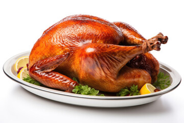 A mouthwatering baked turkey for Thanksgiving on white background