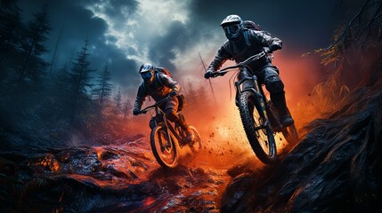 MTB mountain bike riding dramatic shot and adrenaline sport